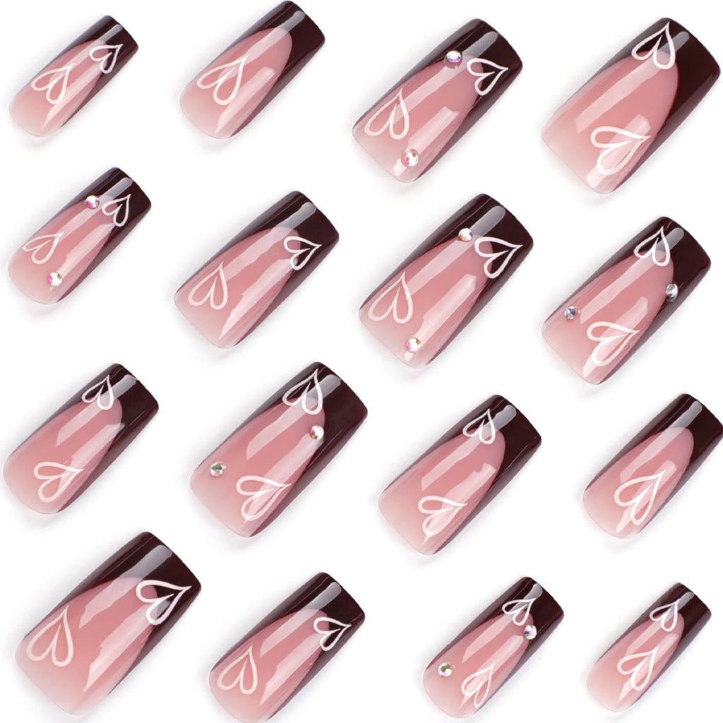 French Tip Press on Nails - Square Medium Long Brown Pink Heart Rhinestone False Nails - Women'S Glue on Acrylic Gel Stick on Glitter Fantasy Wedding Birthday