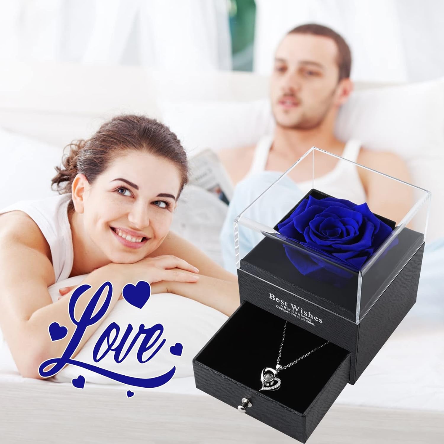 Christmas Flowers Gifts for Womans Birthday Gifts,Preserved Blue Real Rose with I Love You Necklace in 100 Languages, Unique Gifts for Girlfriend Wife Mom on Christmas Valentines Anniversary Birthday