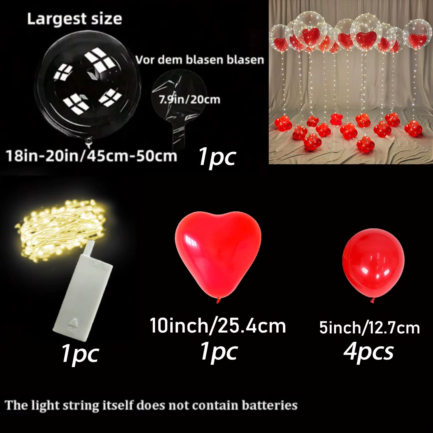 Led Luminous Light String (Excluding Battery) Transparent Wave Balloon Red Heart-Shaped Latex Balloon Luminous Party Decoration