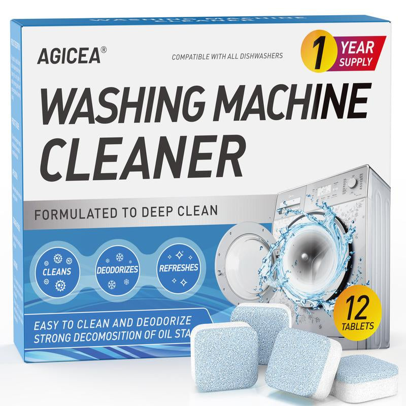 AGICEA 12-Pack Washing Machine Cleaner and Descaler - Deep Cleaning Tablets for HE Front Loader and Top Load Washers, Eco-Friendly Deodorizer for Drum and Laundry Tub Seal, 12-Month Supply with Multifunctional Deodorization
