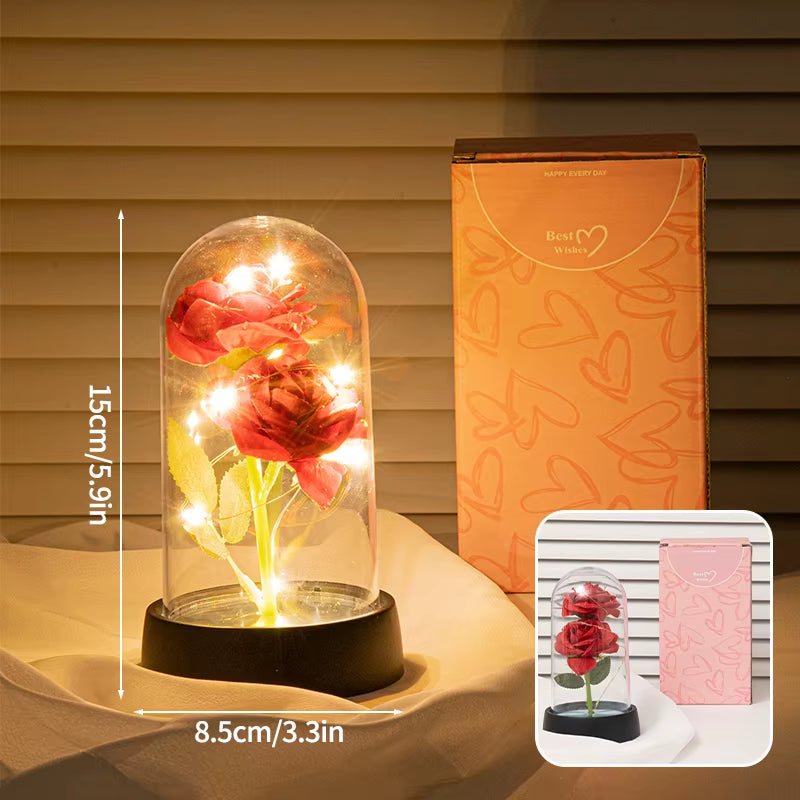 Eternal Rose Flower Glow Rose in the Glass Artificial Flower Desk Accessorie Flower with Box Alentine'S Day Christmas New Year
