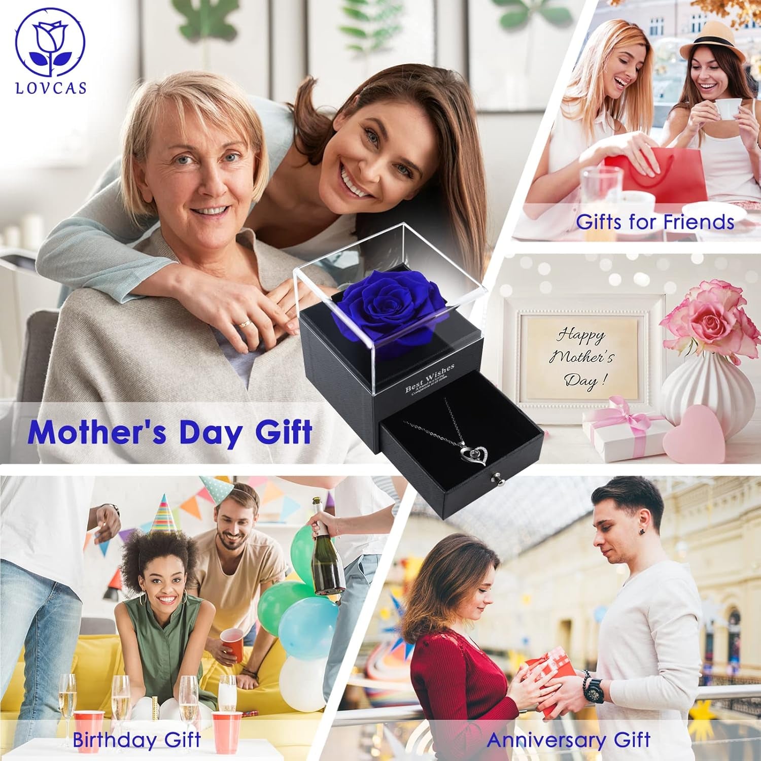 Christmas Flowers Gifts for Womans Birthday Gifts,Preserved Blue Real Rose with I Love You Necklace in 100 Languages, Unique Gifts for Girlfriend Wife Mom on Christmas Valentines Anniversary Birthday