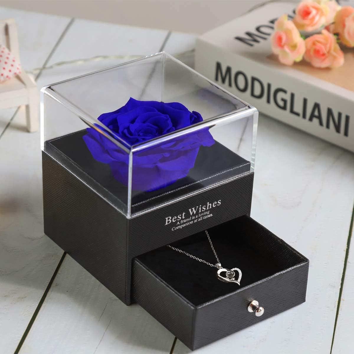 Christmas Flowers Gifts for Womans Birthday Gifts,Preserved Blue Real Rose with I Love You Necklace in 100 Languages, Unique Gifts for Girlfriend Wife Mom on Christmas Valentines Anniversary Birthday
