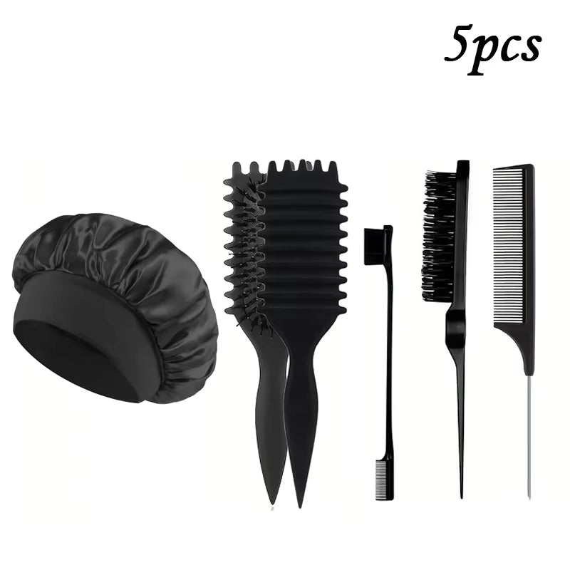 1/5/7Pcshair Care Kit Rolling Candy Brush with Rat Tail Edge Control Comb Spray Bottle Soft Satin Sleeping Cap Styling Tools