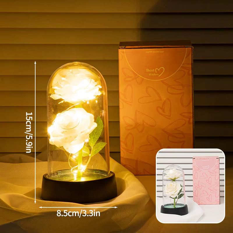 Eternal Rose Flower Glow Rose in the Glass Artificial Flower Desk Accessorie Flower with Box Alentine'S Day Christmas New Year