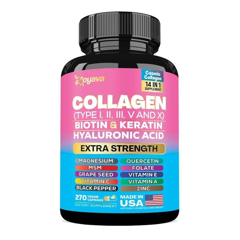 Zoyava Collagen Supplement - Type I, II, III, V and X - with Biotin, Keratin, Hyaluronic Acid & 13+ Extra Strength Ingredients for Beauty, Fitness, & Healthcare - 90 Capsules - MADE in USA