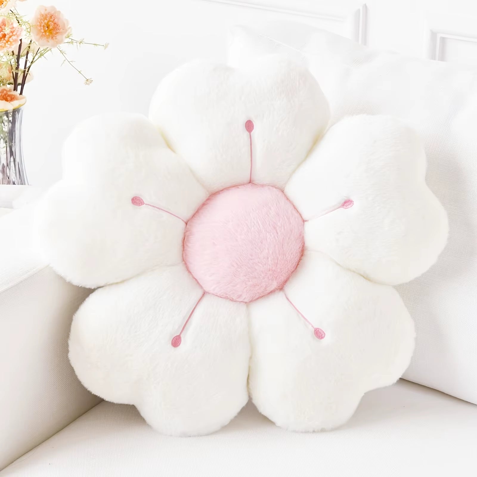 Soft Plush Daisy Flower Throw Pillow - Cozy Decorative Cushion for Bed & Sofa, White/Pink, Adorable Floral Desig