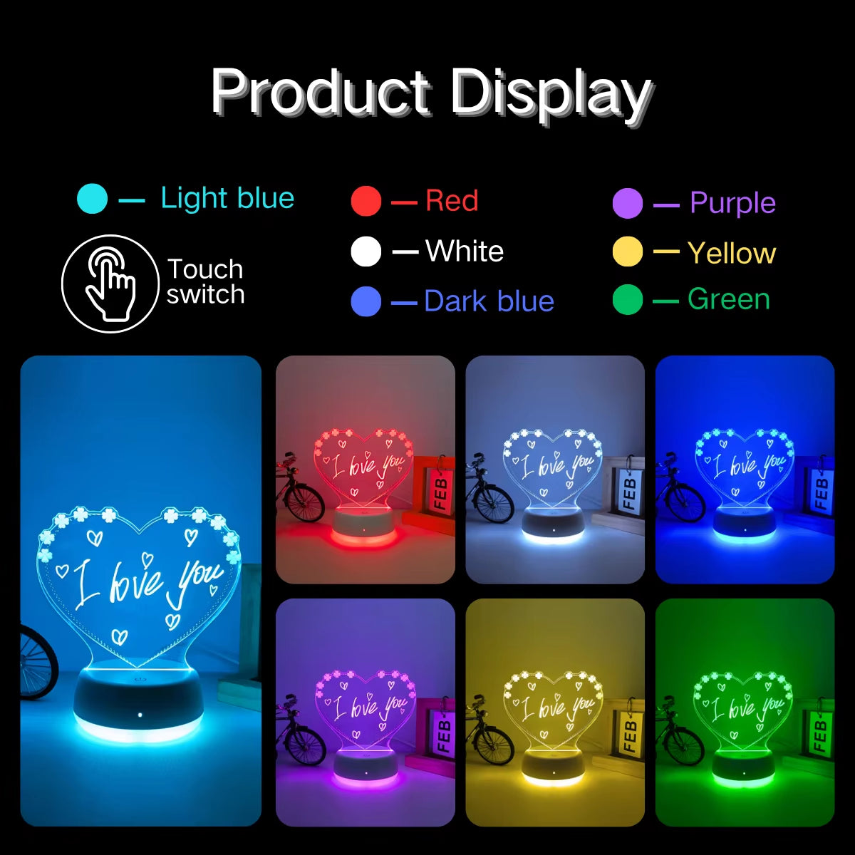 1Pc Love Shaped DIY Night Light, Seven Color Gradient 3D Night Light, USB Touch Base, Suitable for Decorating Multiple Scenarios