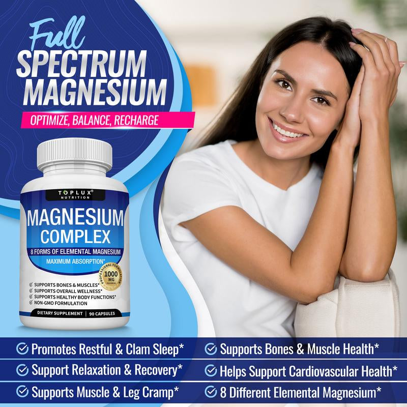 Toplux Magnesium Complex: Essential 1000mg Magnesium Supplement with 8 Key Ingredients