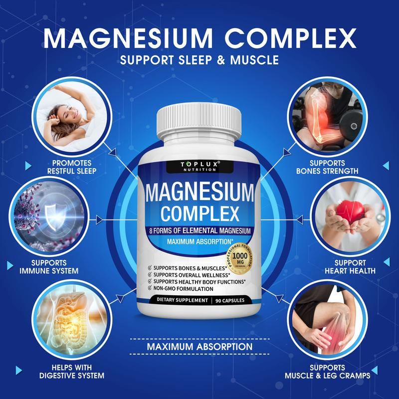 Toplux Magnesium Complex: Essential 1000mg Magnesium Supplement with 8 Key Ingredients