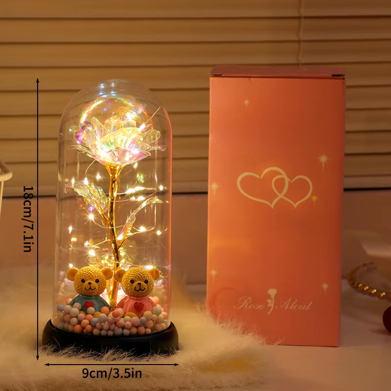 Eternal Rose Flower Glow Rose in the Glass Artificial Flower Desk Accessorie Flower with Box Alentine'S Day Christmas New Year