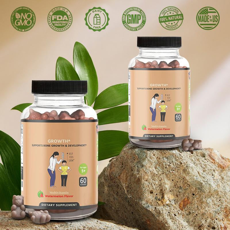 2 Bottles Growth Gummies (Watermelon) Natural Growth & Development Supplement for Kids & Teens - Vitamin D, K, Calcium & Ashwaganda, Bone Strength - Kids Vitamins, Ages 5+