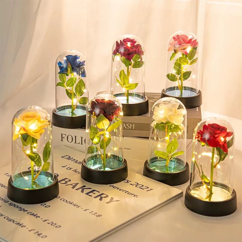 Eternal Rose Flower Glow Rose in the Glass Artificial Flower Desk Accessorie Flower with Box Alentine'S Day Christmas New Year