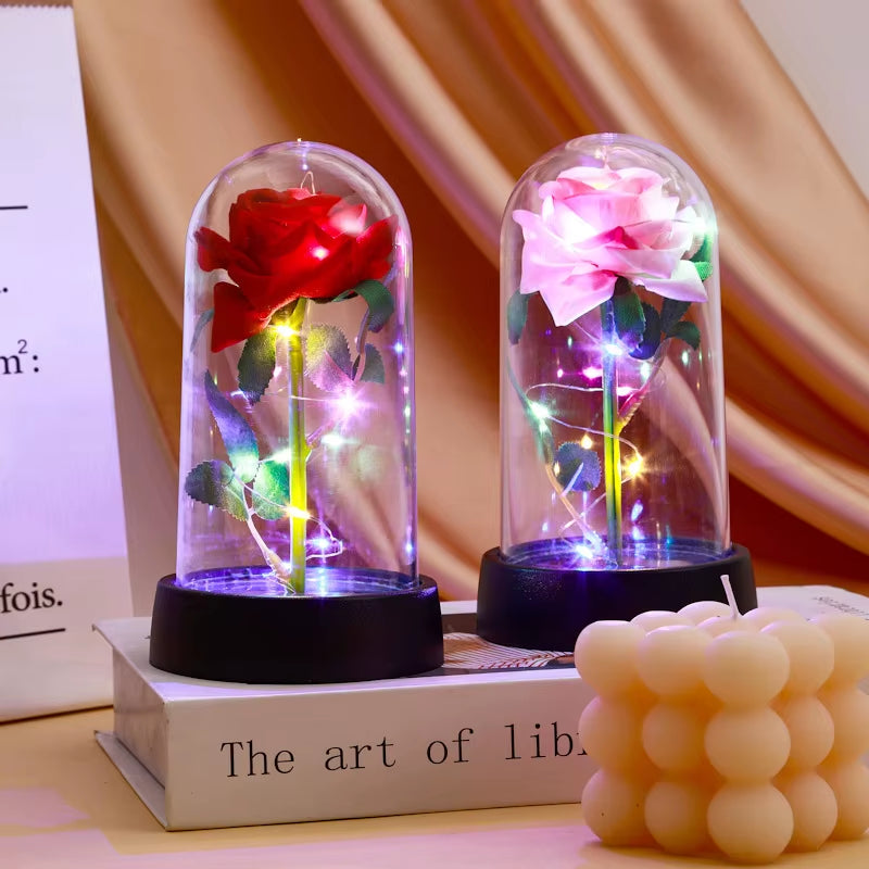 Eternal Rose Flower Glow Rose in the Glass Artificial Flower Desk Accessorie Flower with Box Alentine'S Day Christmas New Year