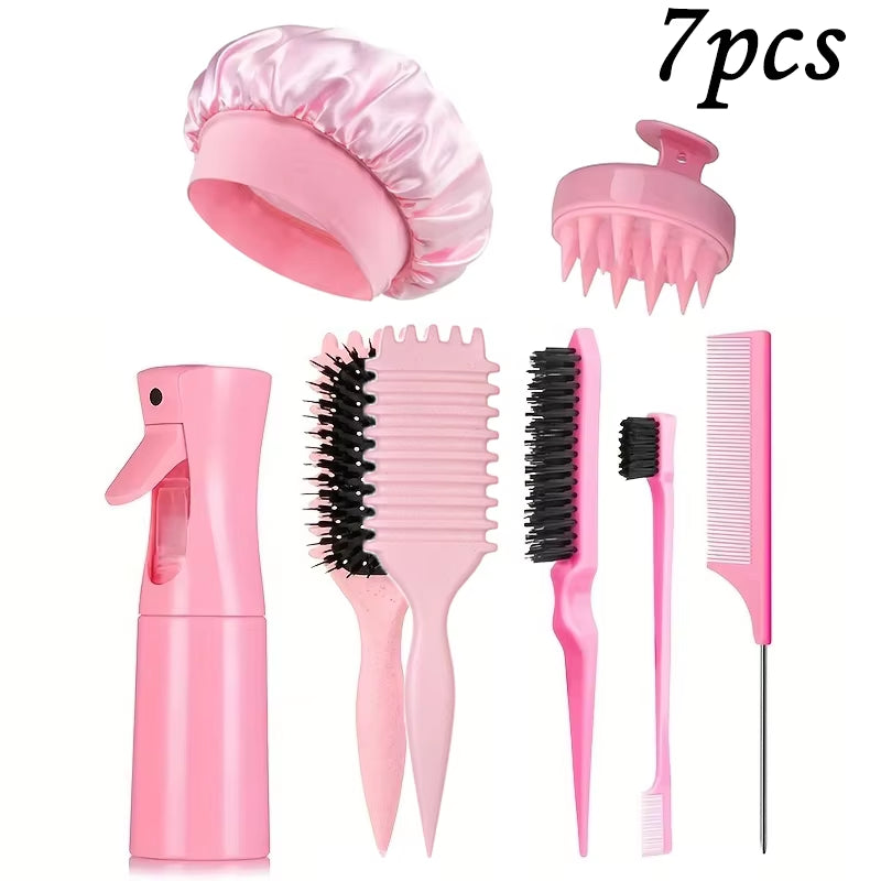 1/5/7Pcshair Care Kit Rolling Candy Brush with Rat Tail Edge Control Comb Spray Bottle Soft Satin Sleeping Cap Styling Tools