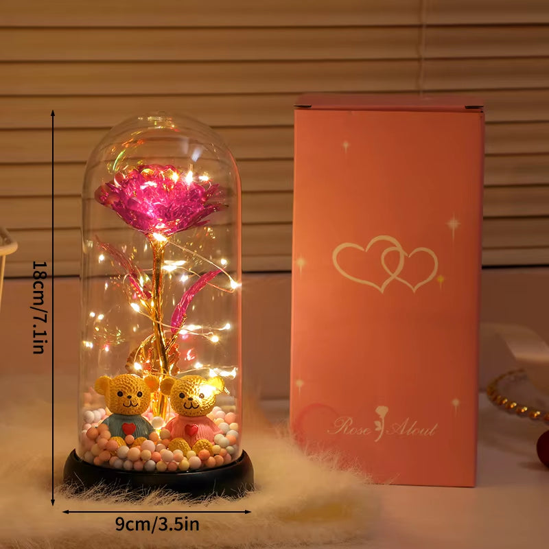 Eternal Rose Flower Glow Rose in the Glass Artificial Flower Desk Accessorie Flower with Box Alentine'S Day Christmas New Year