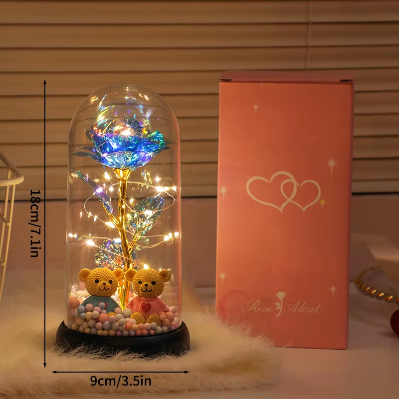 Eternal Rose Flower Glow Rose in the Glass Artificial Flower Desk Accessorie Flower with Box Alentine'S Day Christmas New Year
