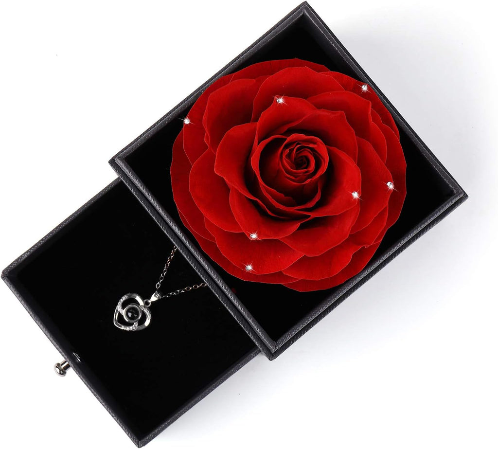 Mothers Day Flower Gifts for Her, Preserved Real Flower Rose with Silver-Tone Heart Necklace I Love You in 100 Languages Gift Set, Enchanted Flower Rose Gifts, Red Crystal