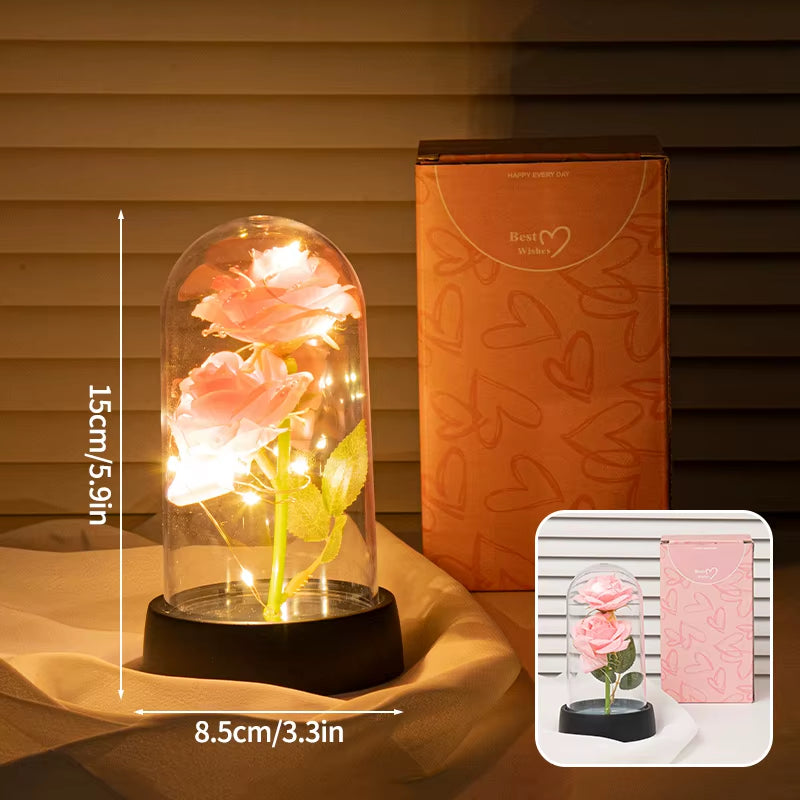 Eternal Rose Flower Glow Rose in the Glass Artificial Flower Desk Accessorie Flower with Box Alentine'S Day Christmas New Year