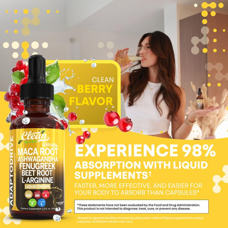 Clean Nutra Maca Root, Ashwagandha, Fenugreek, Beet Root, L-Arginine & More for Women & Men'S Optimum Health Liquid Drop – Adapto Drive