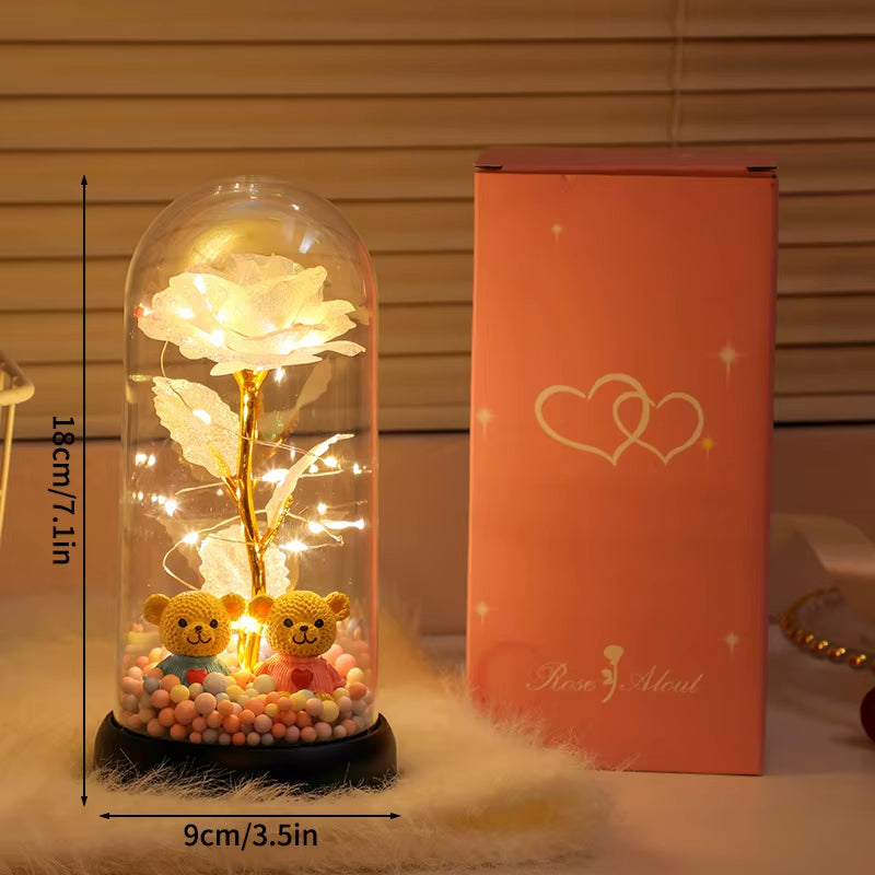 Eternal Rose Flower Glow Rose in the Glass Artificial Flower Desk Accessorie Flower with Box Alentine'S Day Christmas New Year