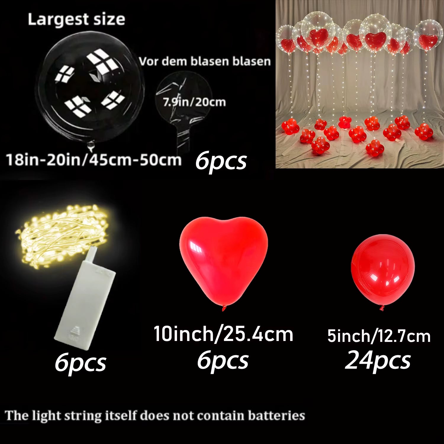 Led Luminous Light String (Excluding Battery) Transparent Wave Balloon Red Heart-Shaped Latex Balloon Luminous Party Decoration