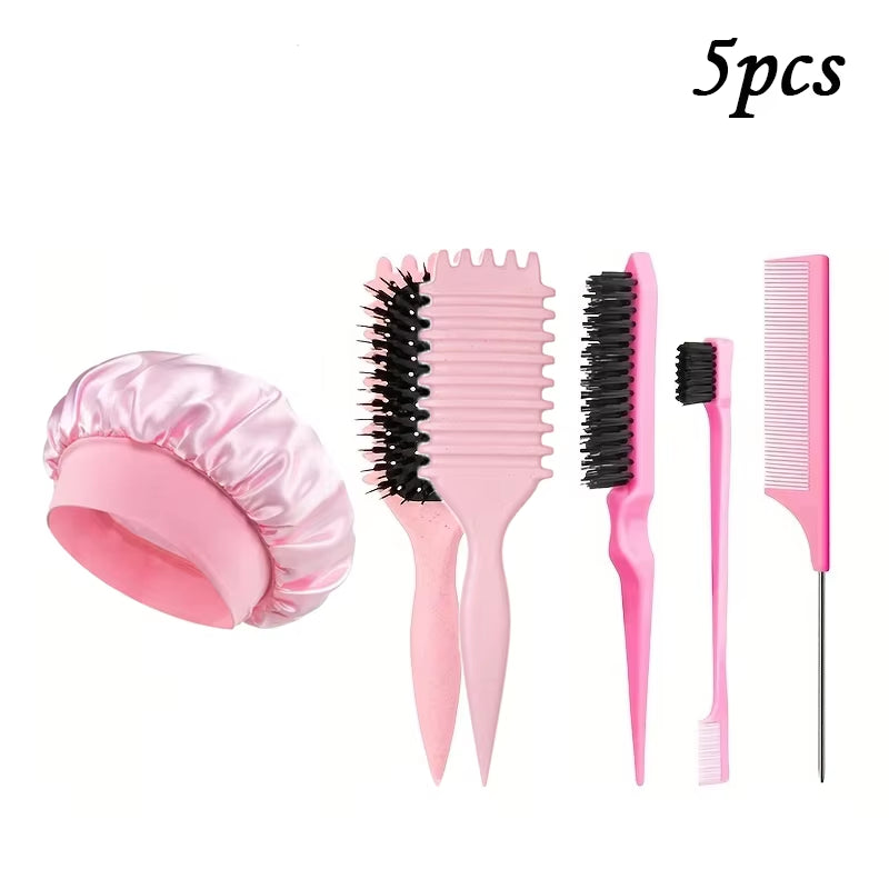 1/5/7Pcshair Care Kit Rolling Candy Brush with Rat Tail Edge Control Comb Spray Bottle Soft Satin Sleeping Cap Styling Tools