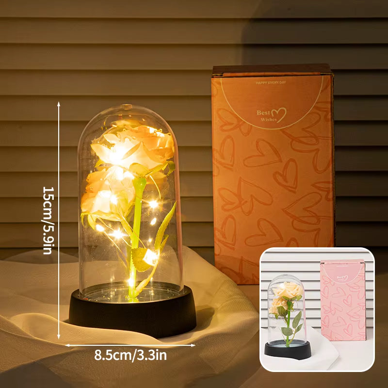 Eternal Rose Flower Glow Rose in the Glass Artificial Flower Desk Accessorie Flower with Box Alentine'S Day Christmas New Year