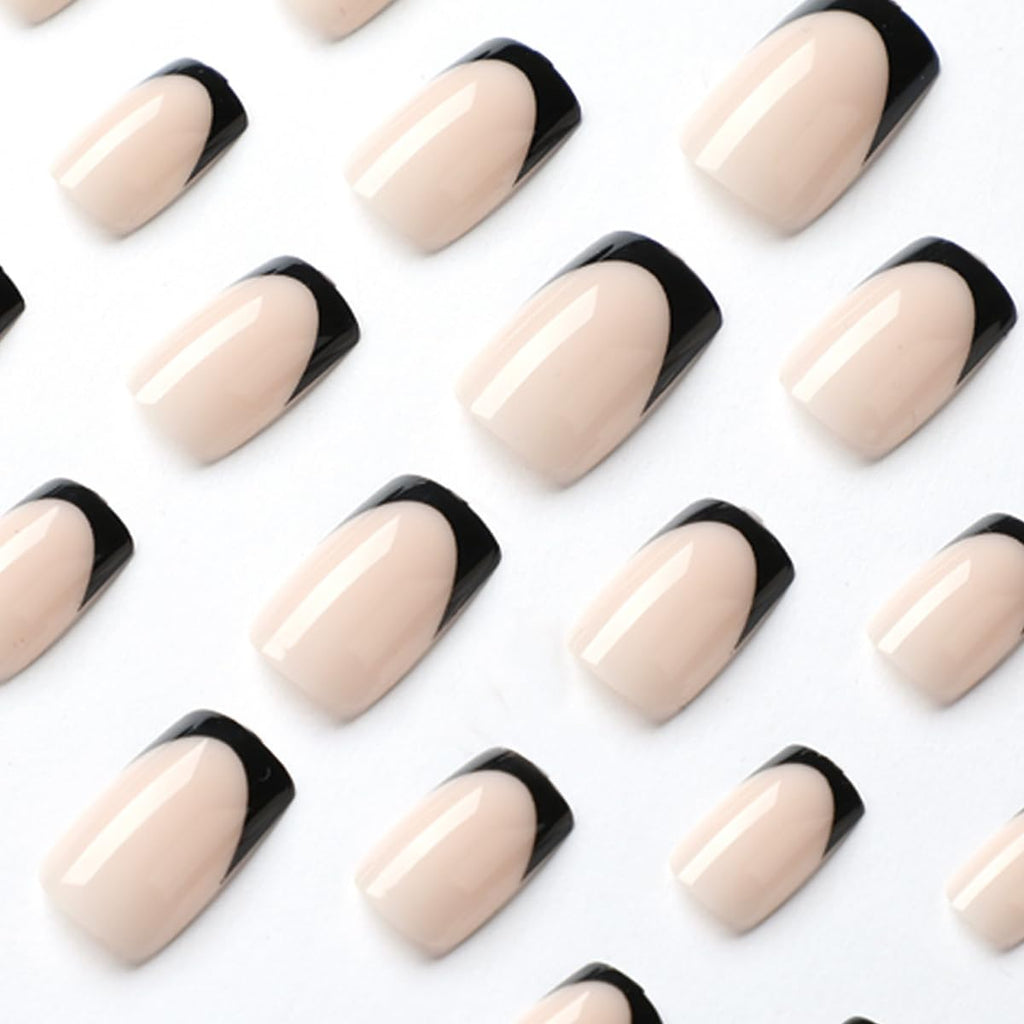 French Tip Press on Nails - Square Short Medium Black Pink Fake Nails for Women - Cute Fantasy Glue on Acrylic Gel Stick on False Nails for Wedding Birthday