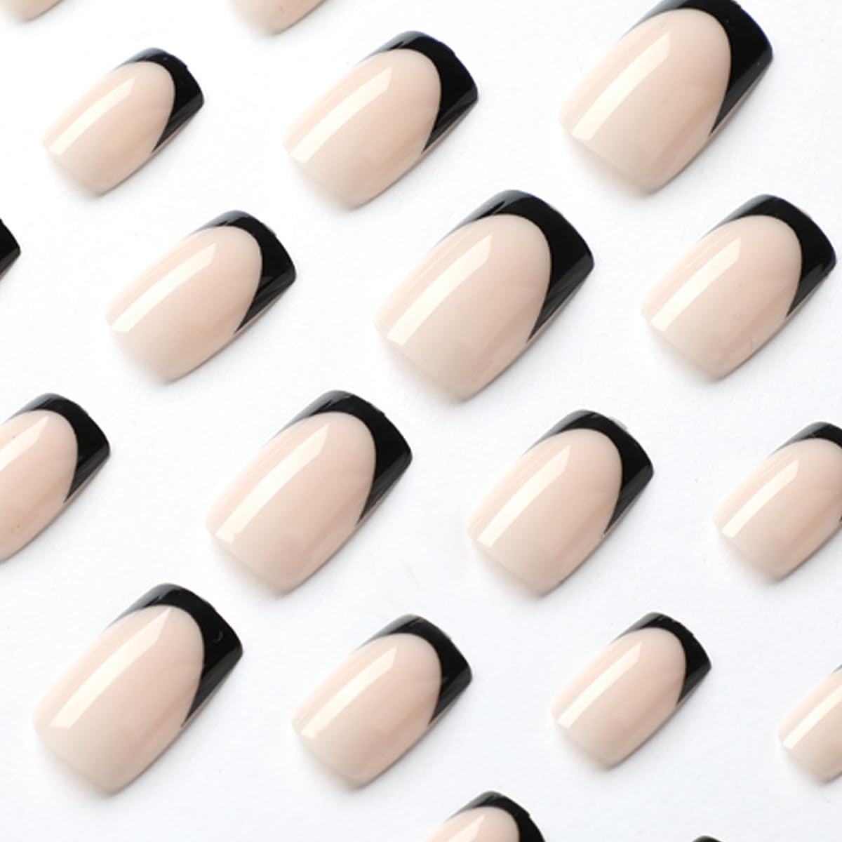 French Tip Press on Nails - Square Short Medium Black Pink Fake Nails for Women - Cute Fantasy Glue on Acrylic Gel Stick on False Nails for Wedding Birthday