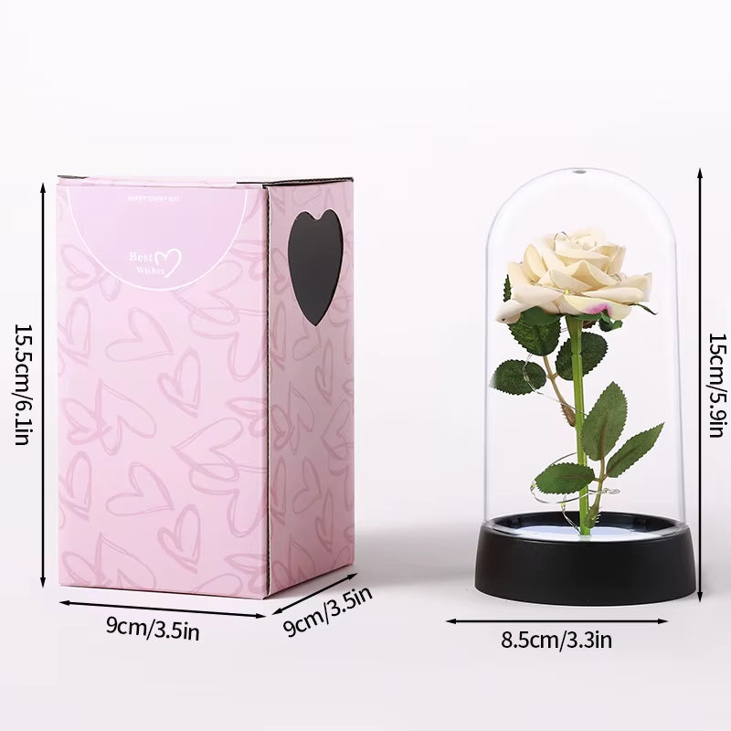 Eternal Rose Flower Glow Rose in the Glass Artificial Flower Desk Accessorie Flower with Box Alentine'S Day Christmas New Year