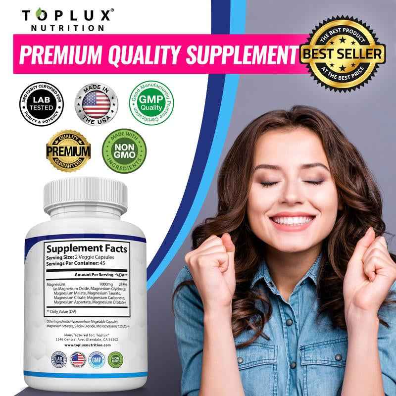 Toplux Magnesium Complex: Essential 1000mg Magnesium Supplement with 8 Key Ingredients
