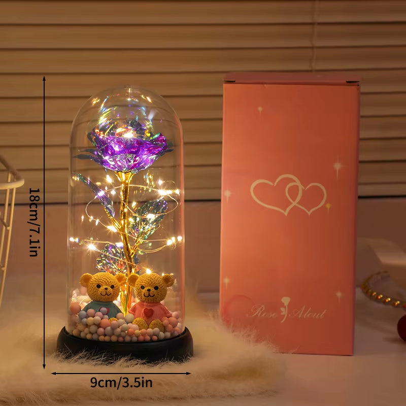 Eternal Rose Flower Glow Rose in the Glass Artificial Flower Desk Accessorie Flower with Box Alentine'S Day Christmas New Year