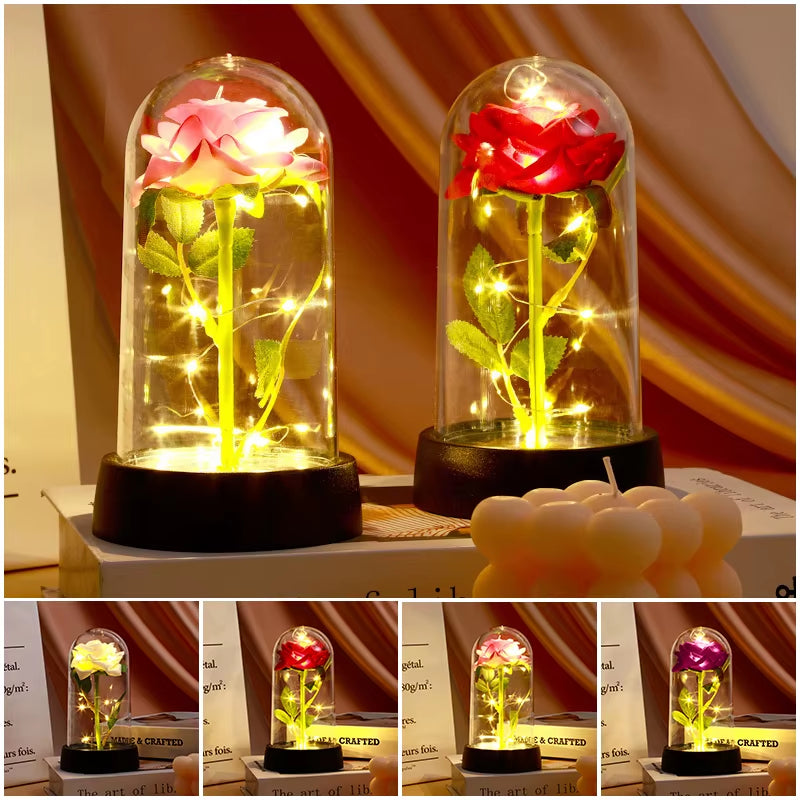 Eternal Rose Flower Glow Rose in the Glass Artificial Flower Desk Accessorie Flower with Box Alentine'S Day Christmas New Year
