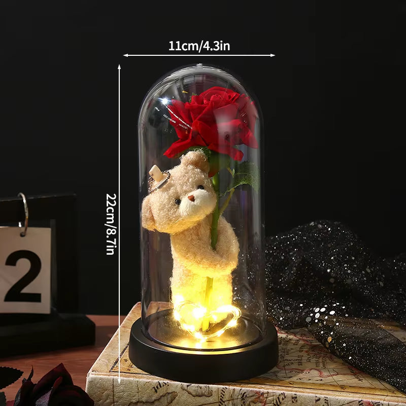 Eternal Rose Flower Glow Rose in the Glass Artificial Flower Desk Accessorie Flower with Box Alentine'S Day Christmas New Year
