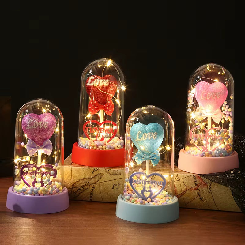 Eternal Rose Flower Glow Rose in the Glass Artificial Flower Desk Accessorie Flower with Box Alentine'S Day Christmas New Year