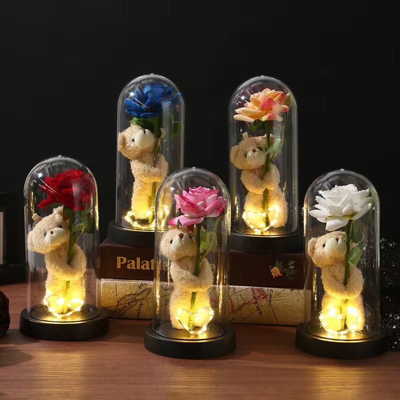 Eternal Rose Flower Glow Rose in the Glass Artificial Flower Desk Accessorie Flower with Box Alentine'S Day Christmas New Year