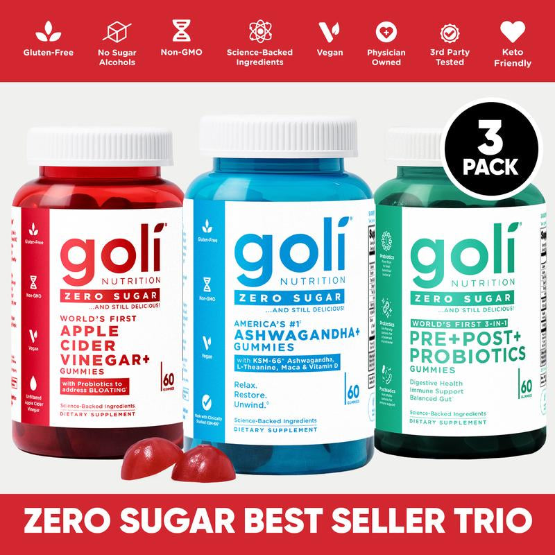 Zero Sugar Best Seller Trio: Revolutionary 3-in-1 Pre, Post, and Probiotic Formula with Apple Cider Vinegar, Vitamin B12, Ashwagandha, L-Theanine, and Vitamin D Gummies - Gluten-Free, Vegan, Non-GMO, and Gelatin-Free