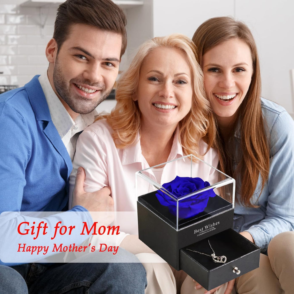 Christmas Flowers Gifts for Womans Birthday Gifts,Preserved Blue Real Rose with I Love You Necklace in 100 Languages, Unique Gifts for Girlfriend Wife Mom on Christmas Valentines Anniversary Birthday